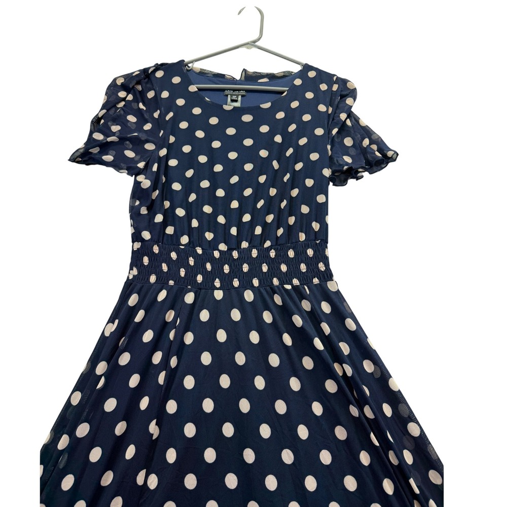 Kate and Lily Dress Women 12P Navy Blue Polka Dot Smocked Waist Mesh Midi 514161
